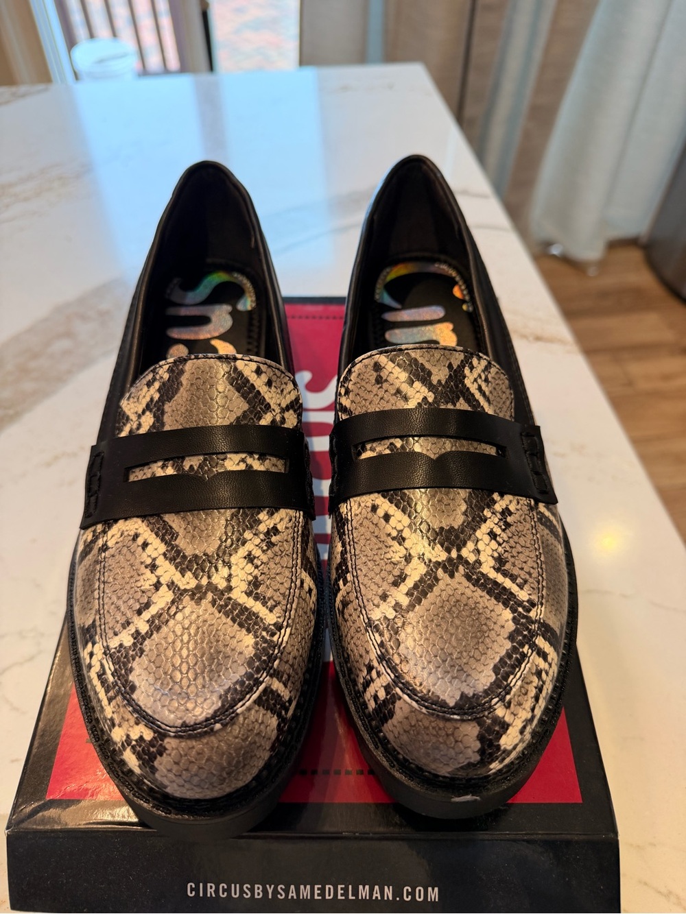 Circus by Sam Edelman Snake-Print Loafers in Black and Cream